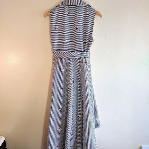 Calvin Klein Embroided Floral & Stripe Wrap Dress Hi-Low Hem Cottagecore Size 8 - Picture 7 of 8